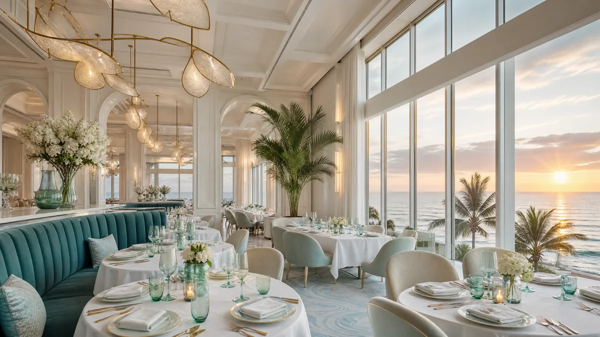 Premium coastal dining room concept with sea-glass seating and ocean views