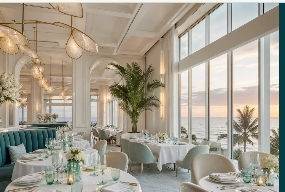 Close view of a bright premium coastal restaurant concept interior